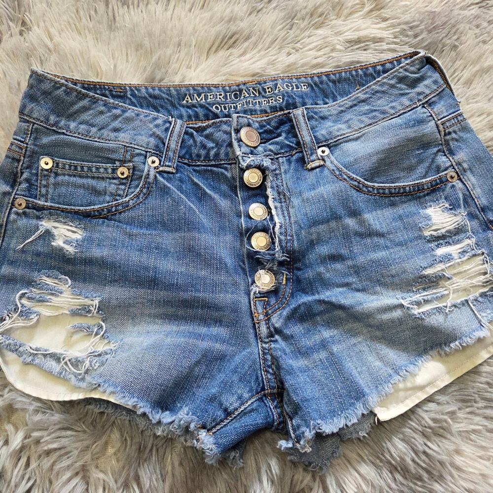American Eagle Woman's Hi-Rise Festival Blue Cutoff Jean Shorts size 2